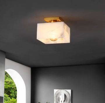 Alessia 1-Light Modern Contemporary Alabaster/Iron Cube LED Semi Flush Mount - JONATHAN Y